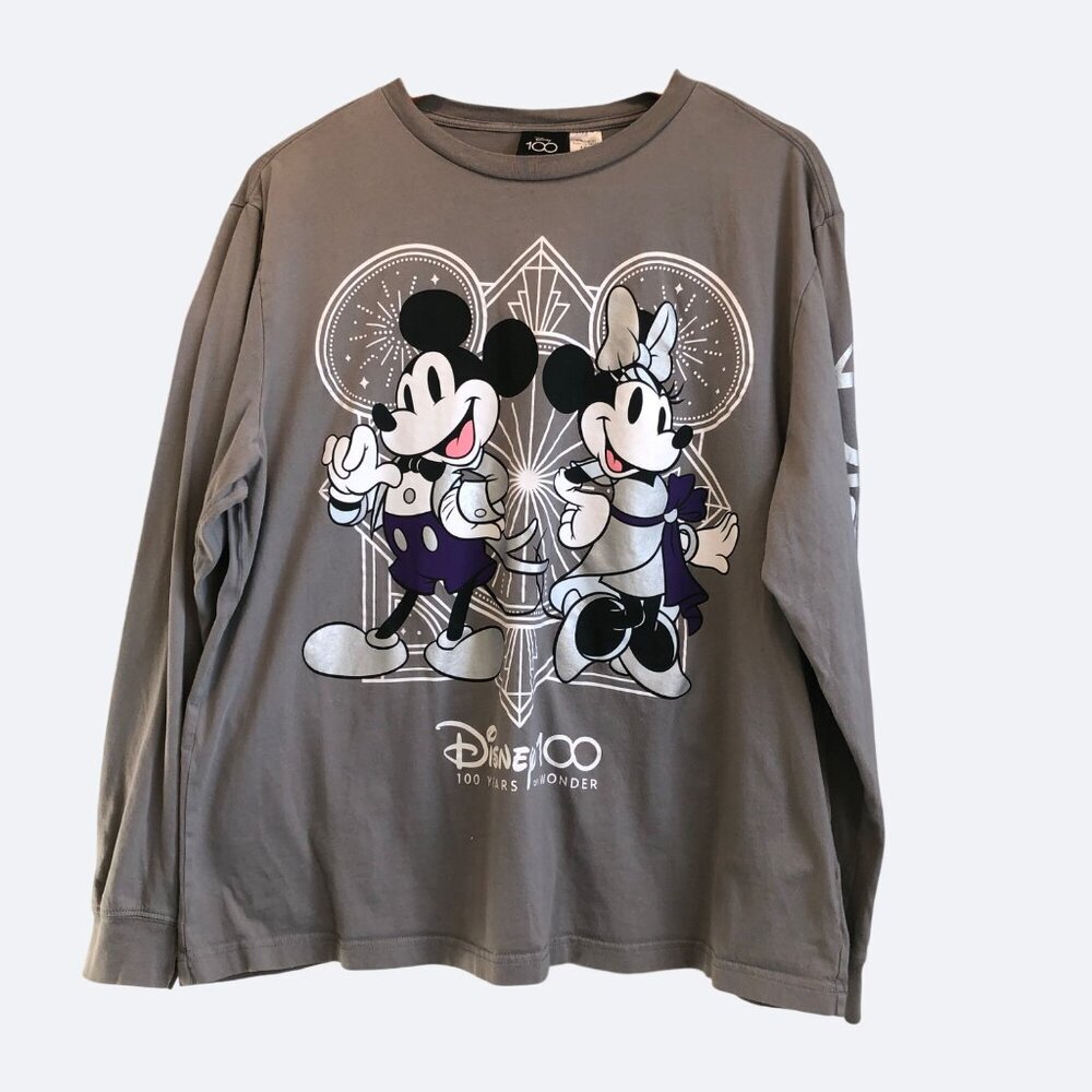 Disney‎ 100 years of wonder Mickey Minnie Mouse Gray Long Sleeve T-shirt Large